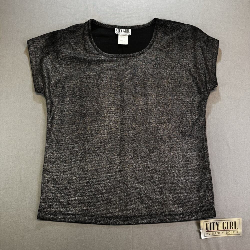City Girl by Nancy Bolen Metallic Shimmer Top Womens Black Silver Size Large